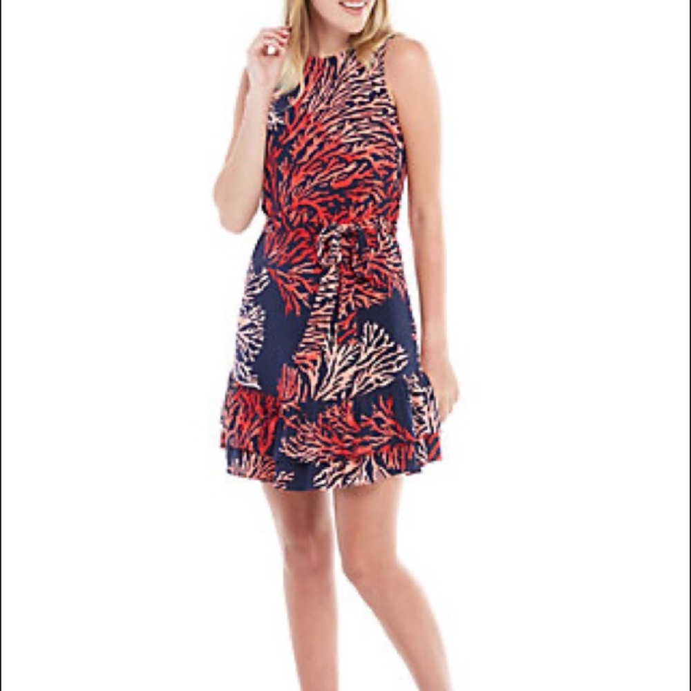 Michael Kors  vibrant coral pattern sleeveless dress w/ flirty ruffle hemline.